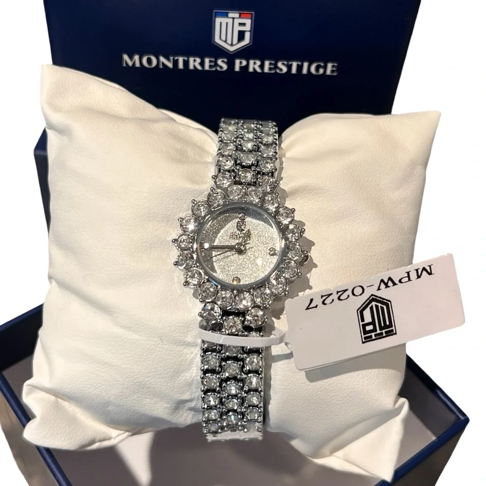 Montres Prestige Silver Crystal Women's Bracelet Watch Water Resistant